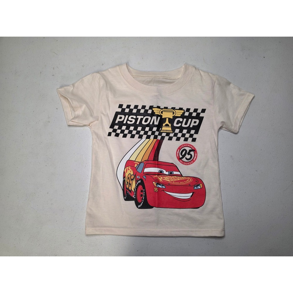 Disney Pixar Cars Lightning McQueen Piston Cup Cream White Graphic Tee Shirt 4T